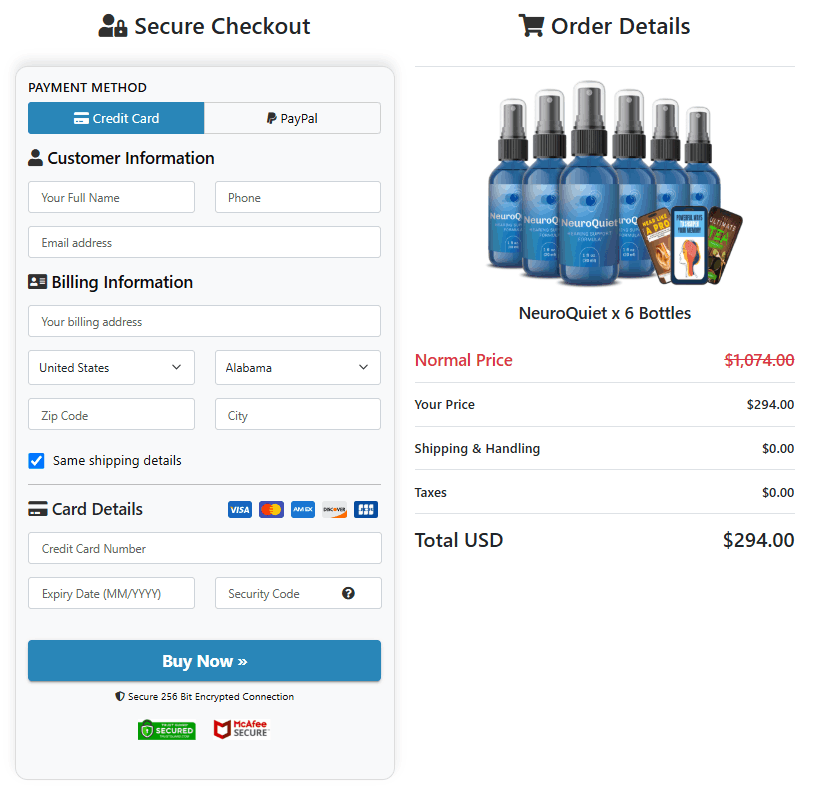 NeuroQuiet Secure Order Page